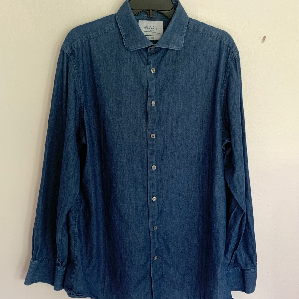 Charles Tyrwhitt Mens 16.5 35 Slim Fit Blue Chambray Button Shirt Cotton Large